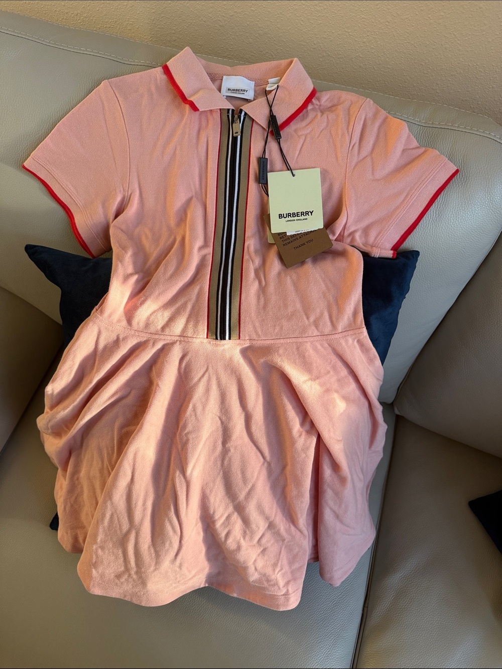 Burberry Pink Polo Dress with Red Trim and Signature Zip